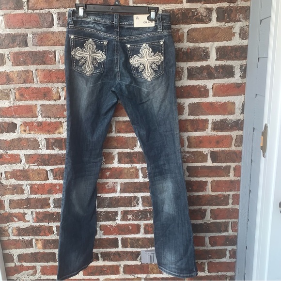Grace in LA Boot Cut Dark Wash Jeans with Rhinestone Cross on Back Pocket - Picture 6 of 13